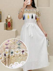 Al Najma Summer White Romantic Women's Round Neck Floral Embroidery Pattern Tassel Waist Tie Design Casual Party Arabic Style Dress Abaya Arabic-Style Long Kaftan Robe, Arabic Women's Dress, Turkish Dress, Abaya Robe, Traditional Women's Dress Arabic Style Long Dress Kaftan Jalabiya Dress Arabic Dress For Women Turkish Dress Abaya Dress Abaya For Women - Multicolor - View 9