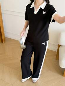 少女休闲百搭日常居家度假黑白撞色滚边宽肩无袖圆领T恤+阔腿梭织裤套装 - 黑色 - 查看 6