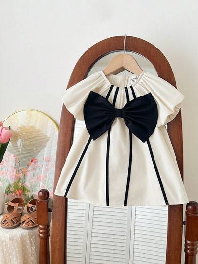 SHEIN Babygirl Cute Colorblock Bow Decor Short Sleeve Dress, Summer