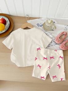 2pcs Baby Girls Bow Decor Casual Homewear Set, T-Shirt And Shorts, Suitable For Summer - Multicolor - View 2