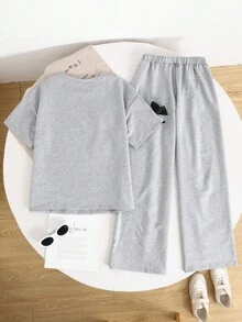 SHEIN 女孩 3D 蝴蝶結灰色短袖 T 恤套裝，運動與休閒風，適合大童女孩 - 淺灰色 - 查看 2