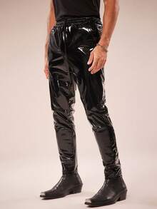 FeverCity Men's Fashion Nightclub Party PU Leather Drawstring Waist Slant Pocket Skinny Pants - Black - View 3