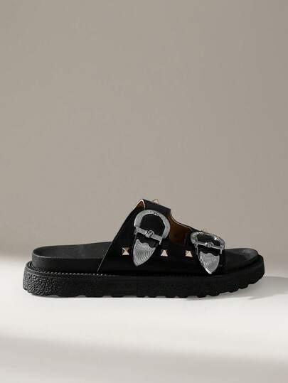 Solecia Solid Color Double Stripe Metal Rivet Decor Buckle Open Toe Platform Slide Sandals, Fashion, Comfortable, Non-Slip, Versatile, Dirt-Resistant, Beach Slippers Suitable For Daily Wear