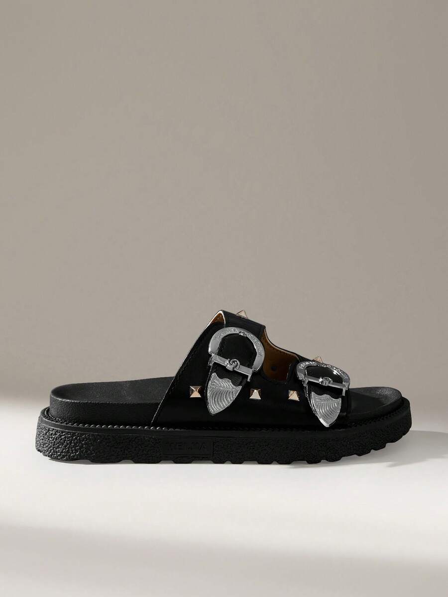 Solecia Sandalias de plataforma con puntera abierta, hebilla y remaches metálicos de doble raya en color liso. Modernas, cómodas, antideslizantes, versátiles y resistentes a la suciedad. Ideales para uso diario. - Negro - Ver 1