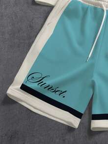 Manfinity ZONE917 宽松街头休闲度假运动洛杉矶海滩椰树拼接撞色印花短袖T恤短裤套装，适合夏季穿着，约会聚会必备，送给男友的绝佳礼物，男士度假装，男士沙滩装套装 - 彩色 - 查看 4