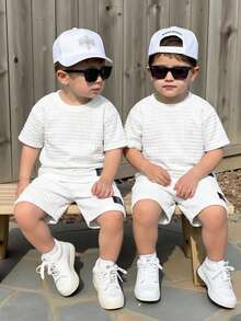Kleine Jungen Sport Lässig Kurzarm T-Shirt und Shorts Set, geeignet für Pendeln, Schule, Alltag, Reisen, Sport, Festivalveranstaltungen, Frühling, Sommer, Herbst, Winter - Weiss - Übersicht 9