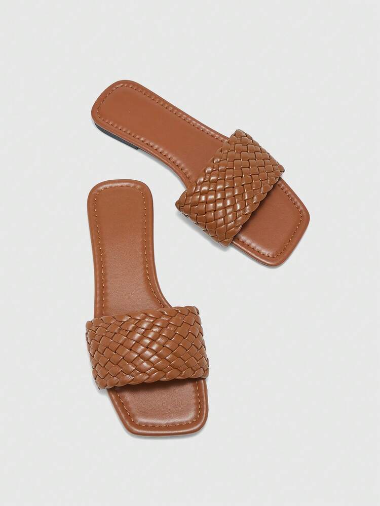 CUCCOO BIZCHIC Women Shoes Woven Design Open Toe Flat Sandals Slippers Simple Fashion PU Leather Brown Flat Sandals Slippers Indoor Beach Leisure