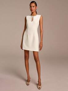 COSMINA Women's Elegant Sleeveless Crystal Teardrop Collar Mini Dress, Versatile For Commute, Office, Dates, Parties, Spring - White - View 3