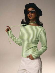 Athîral 情人节女士休闲条纹圆领长袖T恤，秋季款 - 綠色 - 查看 5