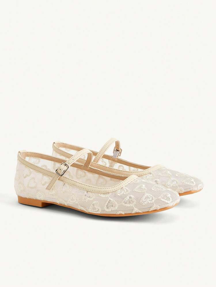 CUCCOO CHICEST Women Shoes Fashionable Beige Lace Love Mesh Mary Jane Breathable Flat Shoes Cute Sweet Elegant Women Flat Shoes Women's Shoes Elegant Shoes Wedding Shoes Summer Shoes Bride Shoes