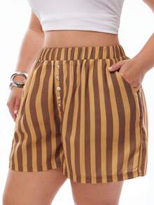 Solavibe Quần short nữ cỡ lớn, cạp chun, cài nút trang trí, dáng chữ A, họa tiết kẻ sọc, thích hợp cho mùa xuân/hè. - Nhiều màu - Xem 7