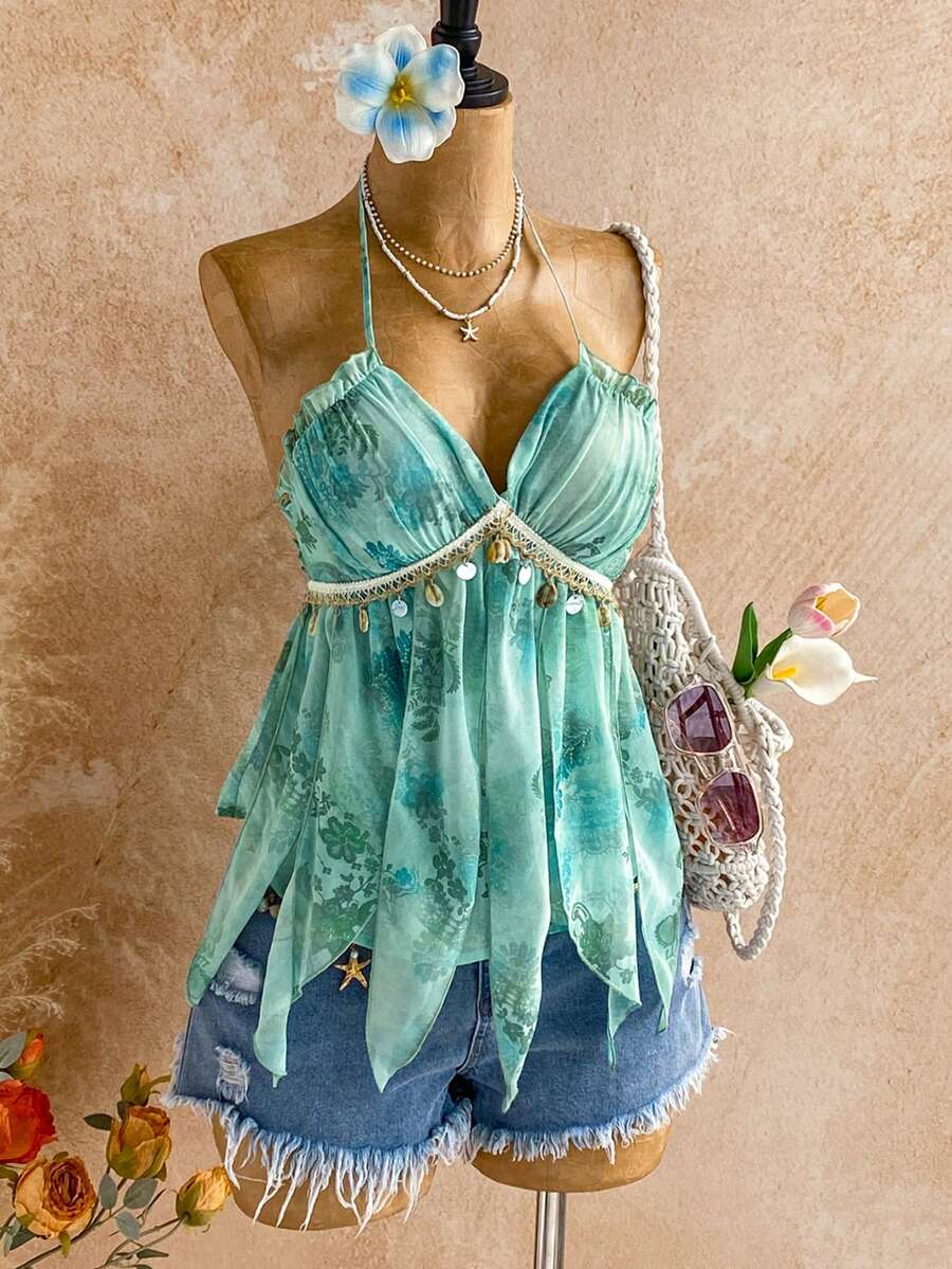 Soleia Áo đi biển cho nữ, kỳ nghỉ hè, áo nữ in hoa, phối họa tiết vỏ sò, cổ yếm, thích hợp cho kỳ nghỉ. - Nhiều màu - Xem 1