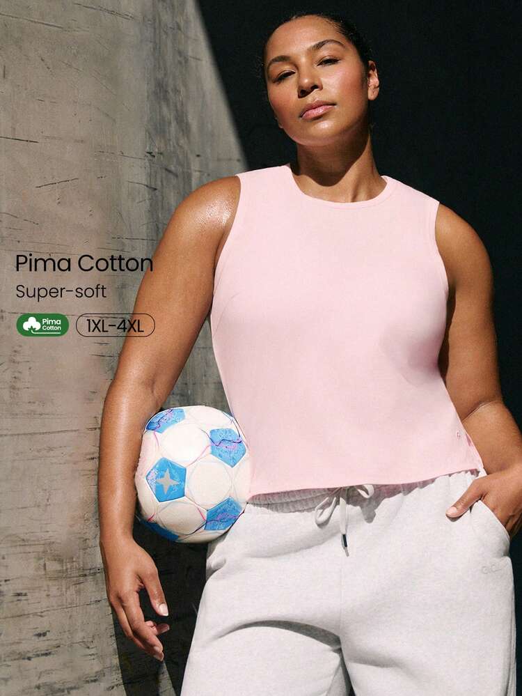 Plus Size Pima Cotton City Beat Lightweight Breathable Stretchy Side Slits Reflective Logo Cropped Tank Top Daily Casual Wear