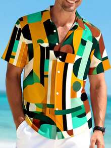 Manfinity RSRT 男士全印花纽扣前开襟休闲度假短袖衬衫 - 彩色 - 查看 2