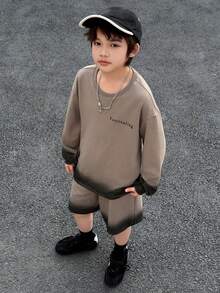 DAZY 男童字母印花圆领落肩长袖T恤和短裤休闲套装 - 灰色 - 查看 6