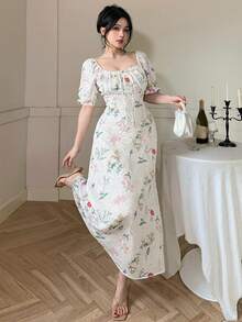 DAZY 2024夏季碎花泡泡袖雪纺连衣裙，收腰显瘦法式浪漫风格吊带裙 - 白色 - 查看 3