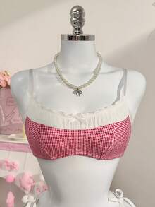 PetitDoll 2pcs Women Plaid Print Bow Decor Comfortable Lingerie Set - Pink - View 8