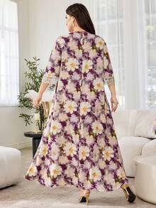 SHEIN Najma 浪漫优雅V领蕾丝边中长款喇叭袖连衣裙，春夏款 - 彩色 - 查看 6