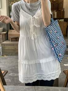 DAZY Women's Solid Color Lace Patchwork Knotted Ruffle Hem Camisole Summer Easter - White - View 3