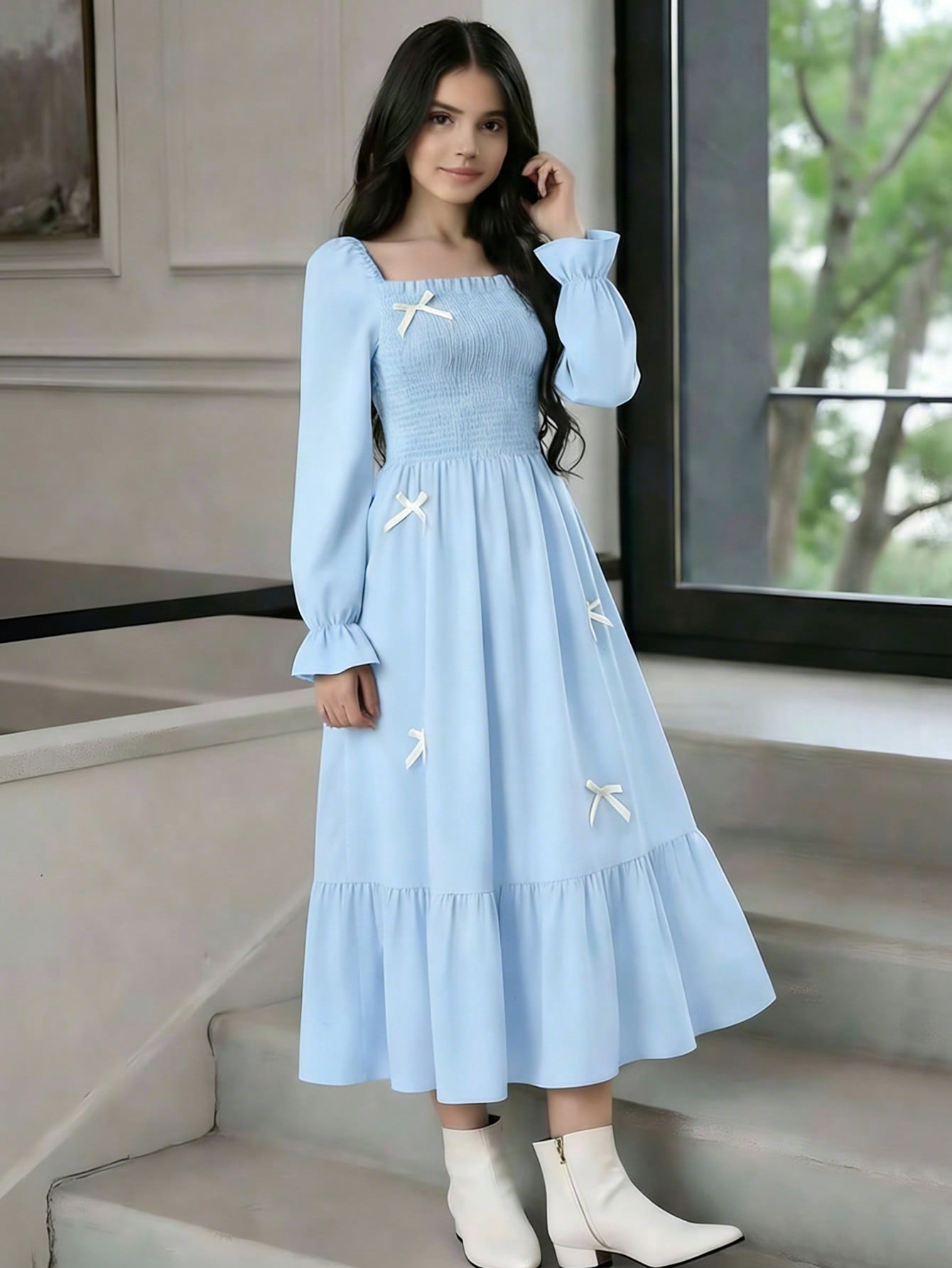 SHEIN فستان أنيق أسود متوسط الطول للمراهقات، ذو رق...