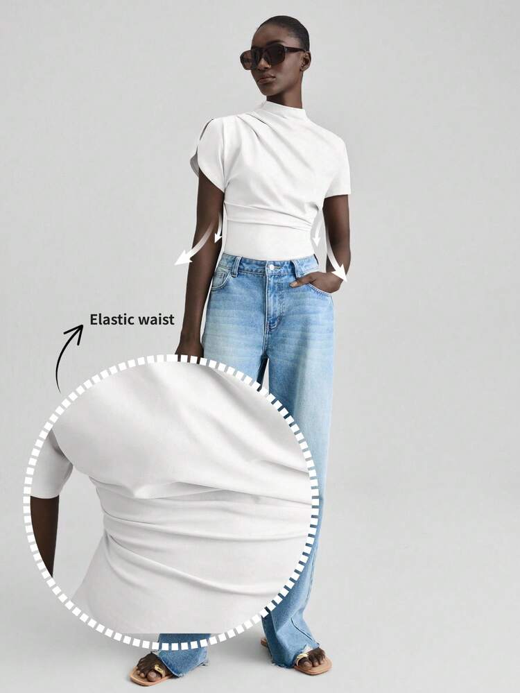 2026SS Women's Asymmetric Ruched Stand Collar Short Sleeve Blouse, Urban Commute Business Casual Elegant Top, Suitable For Holiday, Party, Beach, Office Wear In Summer