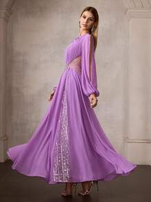 MOTF PREMIUM 女士新款芋紫色雪纺串珠长袖正式礼服，飘逸优雅长款晚礼服 - 紫色 - 查看 1