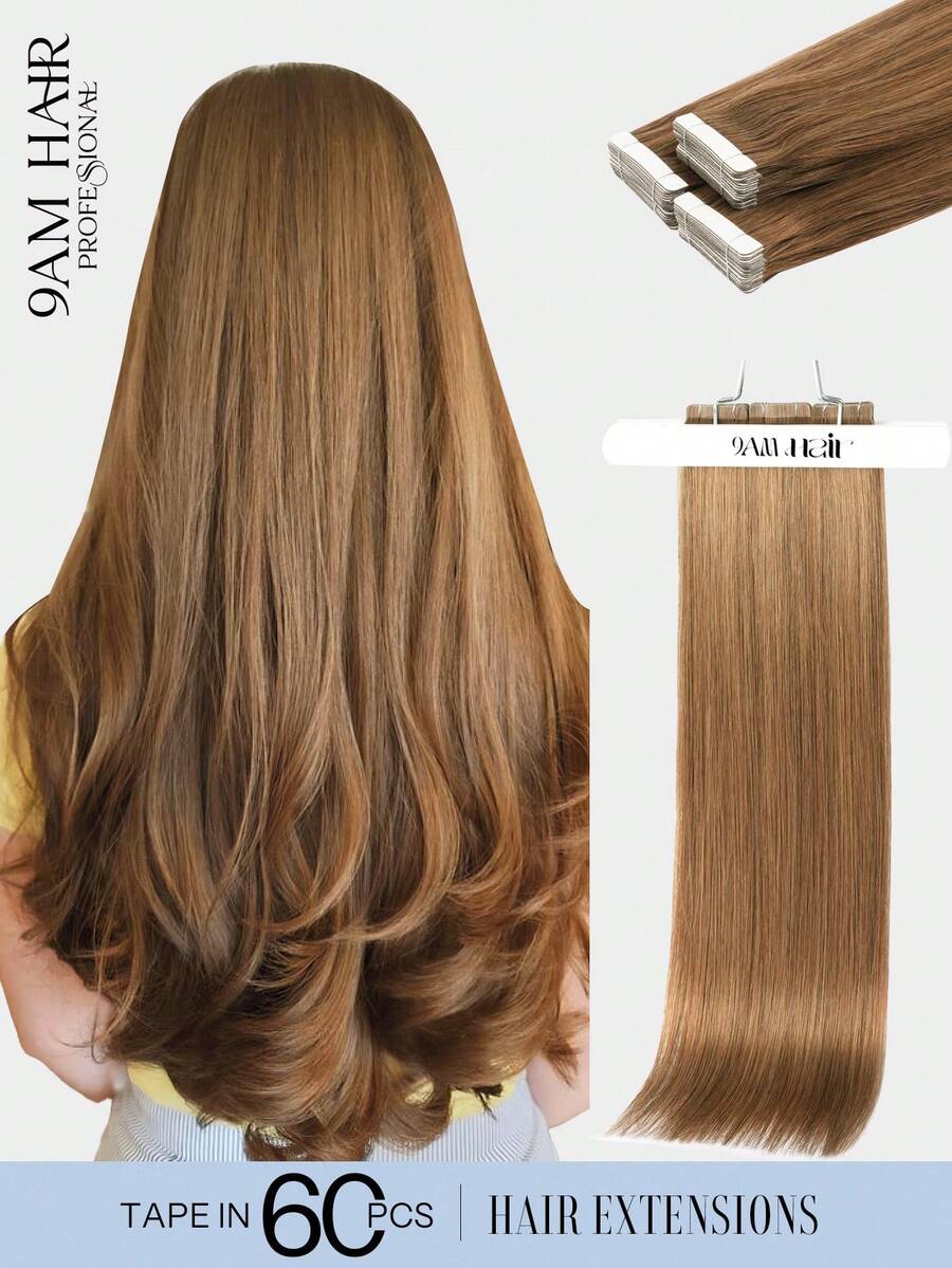 60pcs Tape In Hair Extensions 100% Human Hair #6 Light Brown Straight Style In 14-22 Inch Lengths Extensions Silky Seamless Invisible Top Quality Thick Ends Healthy Human Hair Extensions For Thin Hair And Salon Use And For All Women/Girls Daily Use - S6 - View 1