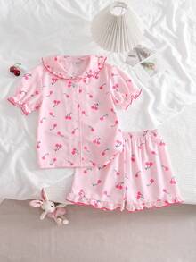 Bộ 2 món gồm áo ngắn tay và quần in hình bướm cho bé gái, đồ ngủ thường ngày. - Hồng - Xem 6