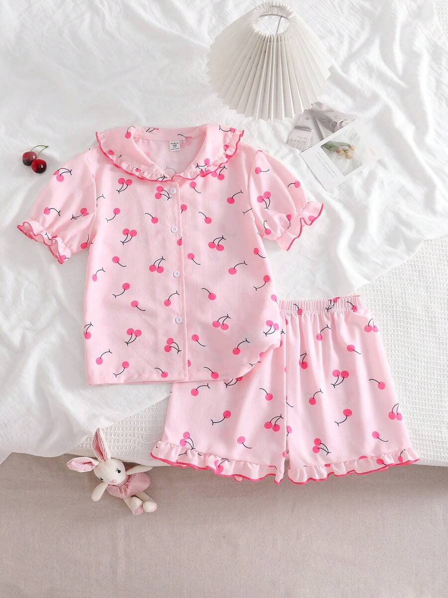 2件套女童蝴蝶印花短袖上衣和裤子,休闲睡衣 - 粉色 - 查看 1