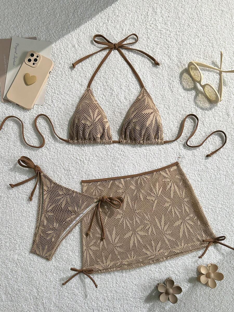 Swim Vcay Set de 3 piezas de bikini con estampado de hojas y escote halter, para playa de verano - Multicolor - Ver 1