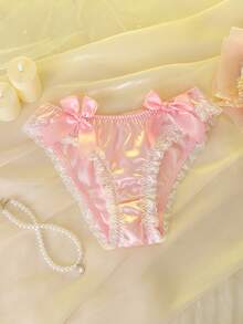 DelicateAllure Pink Satin Faille Bow Lace Patchwork Cute Sweet Innocent Women's Panties - Pink - View 6
