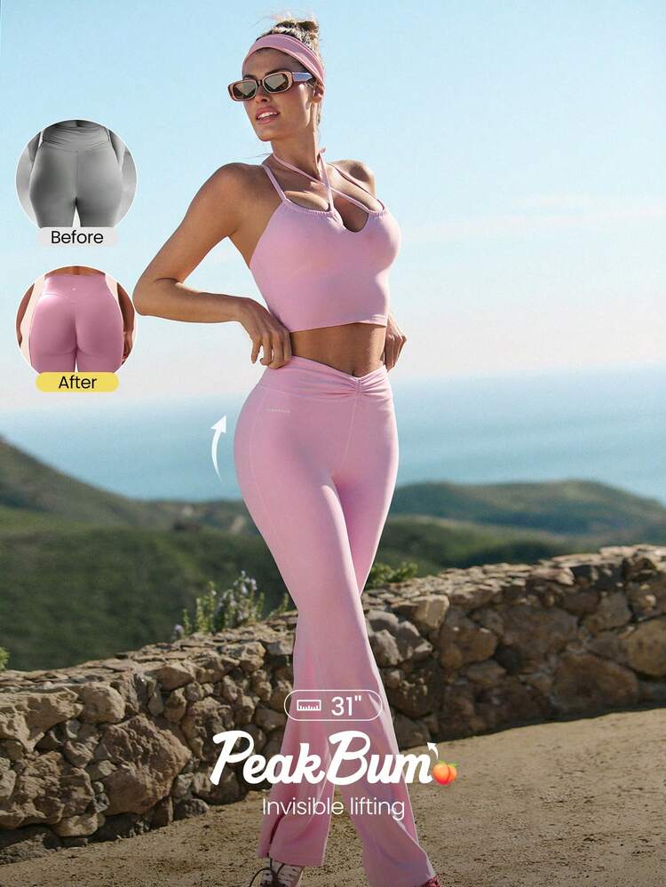 31" Leggings tipo campana FeatherFit™ con diseño Peekabum, cintura ajustable con cordón, tela suave y transpirable, ideal para yoga, gimnasio y uso diario