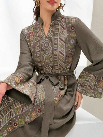 Al Najma 新款优雅串珠刺绣拼接束腰显瘦连衣裙，高端正式派对假日礼服