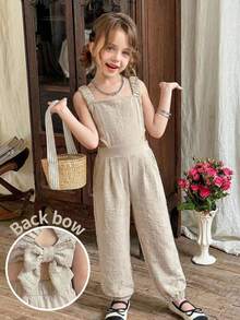 LMoss Kids Bộ áo liền quần hở lưng kiểu đan chéo có nơ dành cho bé gái, trang phục thường ngày thời trang và đa năng. - Màu be - Xem 2