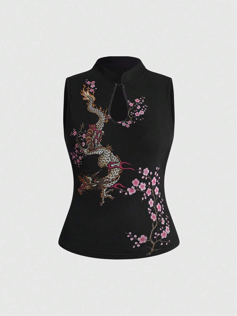 ROMWE J-FASHION 大码女式中国风火焰龙桃花印花背心 - 黑色 - 查看 1