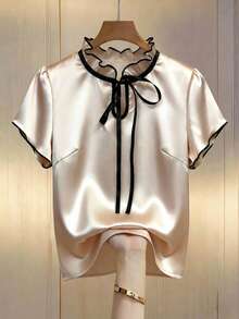 Editum 嘉年华服装，修身女士撞色短袖衬衫，夏季教师白色衬衫，乡村夏季 - 杏色 - 查看 3