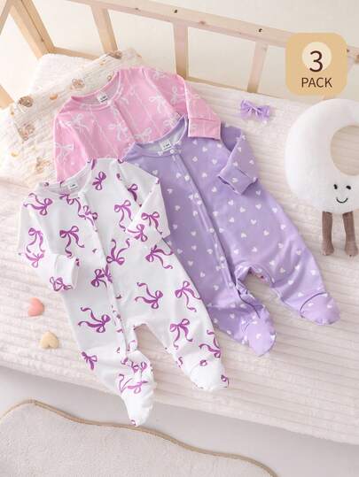 3件套新生儿可爱爱心图案长袖连体睡衣套装，简约时尚