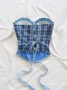 Soleia Women's Summer Casual Vacation Style Patterned Print Frill Trim Fitted Criss-Cross Back Tube Top - Blue - View 2