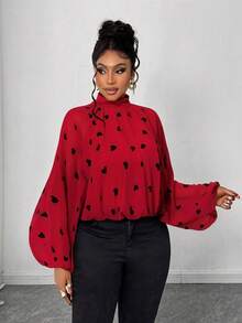 Truni Plus Size Women Elegant Heart Print Stand Collar Lantern Sleeve Ruffle Fashion Blouse, Suitable For Dates, Commuting, Parties, Valentine's Day, Daily Wear Long Sleeve Blouse Curve Blouse Lantern Sleeve Blouse Red Blouse Red And Black Top, For Pear & Triangle Body Shape - Multicolor - View 4