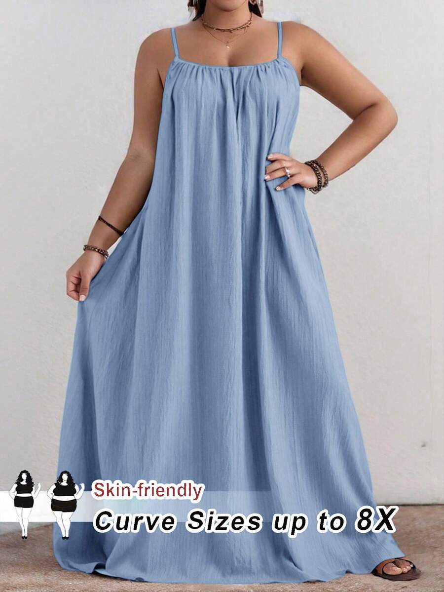 SHEIN CURVE+ 大码曲线/秋季服装/女士秋季服装/女士冬季服装/冬季服装大码纯色褶皱细节休闲吊带连衣裙，适合生日派对、毕业典礼、学生装、日常休闲、度假等场合。 - 藍色 - 查看 1