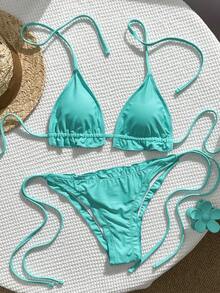 SHEIN Swim Summer Beach Frill Triangle Tie Side Bikini Set - Mint Blue - View 2