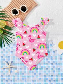 SHEIN Cute Hand-Painted Flamingo, Rainbow, Watermelon Pattern Baby Girls Casual Slim-Fit One-Piece Swimsuit, Suitable For Summer Vacation And Beach, #Coconutgirl - Pink - View 3