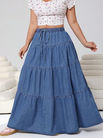 Solflare Plus Size Women Casual Denim Skirt With Waist Tie And Ruffle Hem, Spring/Summer