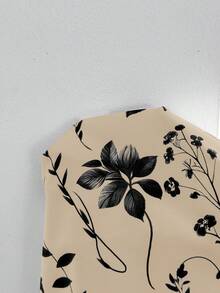 SHEIN Clasi 女士宽松圆领短袖印花衬衫，优雅日常穿着 - 卡其色 - 查看 7