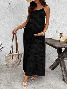 SHEIN Maternity Solid Color Spaghetti Strap Loose Casual Long Dress, Summer - Black - View 4