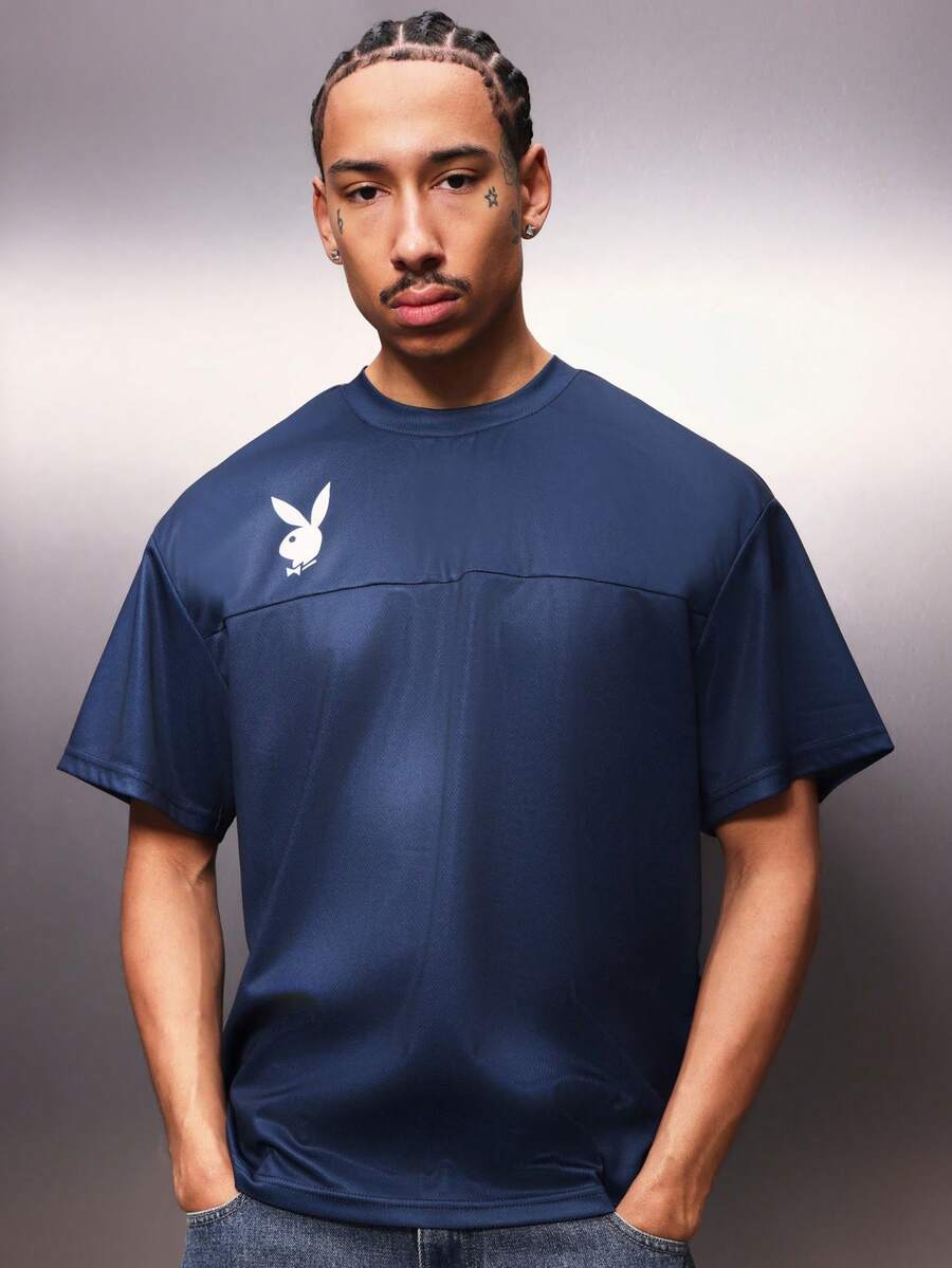 PLAYBOY X SUMWON Kaninlogotyp Regular Fit Mesh Kortärmad Rund Halsad T-shirt Casual Street Wear - Blå - Visa 1