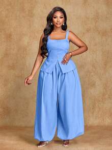 Brilight Bộ đồ thường ngày bằng vải lanh dành cho nữ, gồm áo kiểu denim có dây đeo và quần ống rộng. Có nhiều màu sắc, phù hợp cho cả đi làm hàng ngày và đi chơi thông thường. Kiểu dáng đơn giản, cần thiết cho những chuyến đi chơi mùa xuân và mùa hè. Bộ đồ đi nghỉ mát cho nữ, trang phục mùa hè cho nữ, bộ hai mảnh cho nữ, bộ quần ống rộng mùa hè cho nữ, bộ hai mảnh thường ngày cho nữ. - Màu xanh nhạt - Xem 4