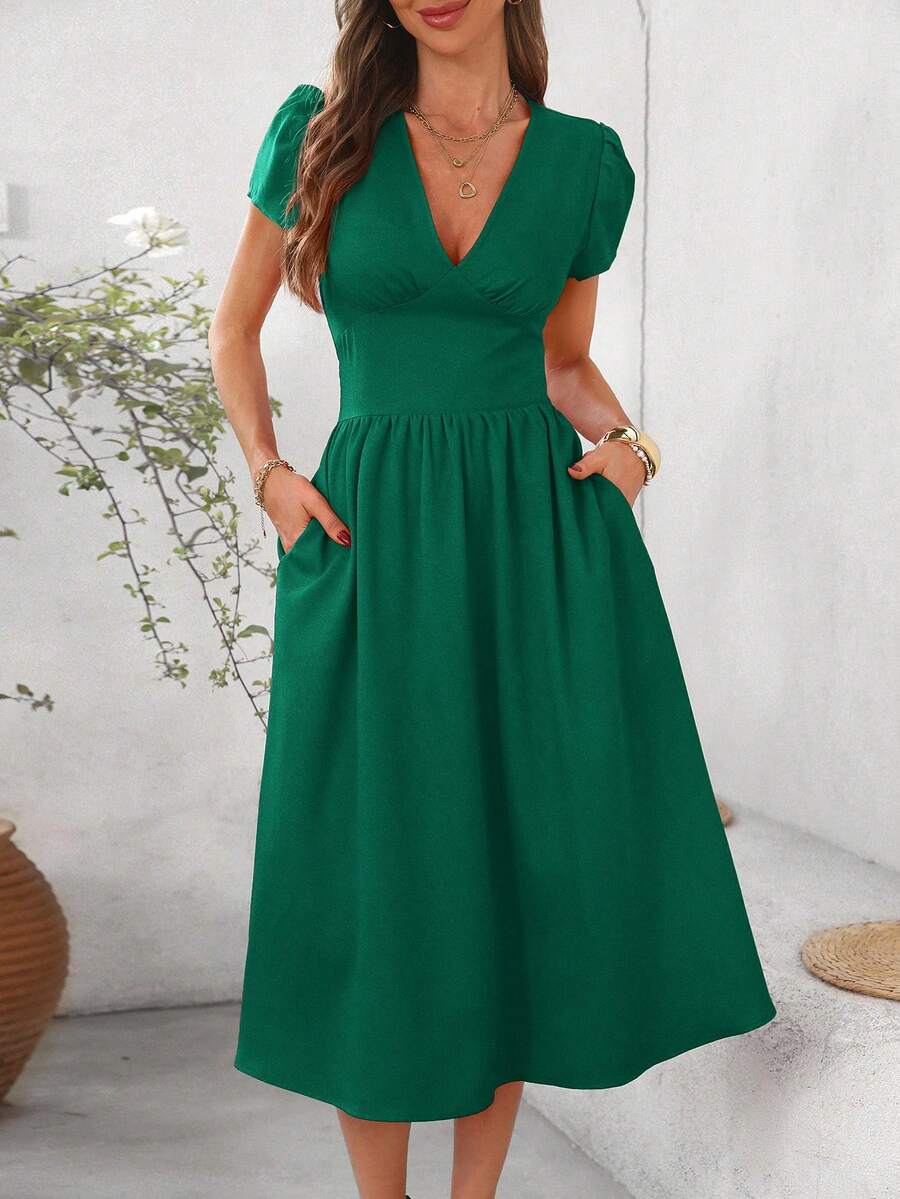 SHEIN Clasi 女士优雅纯色V领荷叶边收腰中长连衣裙 - 墨綠色 - 查看 1