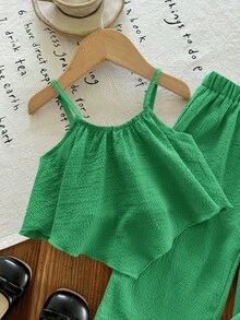 SHEIN LMoss Kids 2件套女婴纯色无袖背心和宽松休闲裤套装 - 綠色 - 查看 3