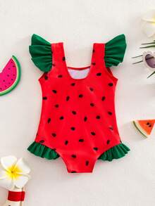 SHEIN 连体式男/女童休闲卡通水果西瓜图案泳衣和帽子套装 - 彩色 - 查看 2
